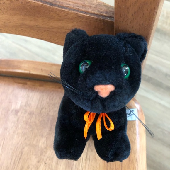 Like New Small Plush Black Cat Stuffed Animal with Bow and Curled Tail - Picture 4 of 5
